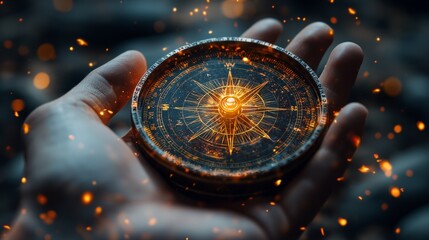 A hand holding a glowing compass, symbolizing guidance and purpose, decision making, direction, focused view, warm tones