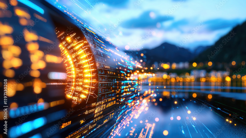 Poster futuristic digital landscape with glowing data streams and vibrant lights, showcasing technology and