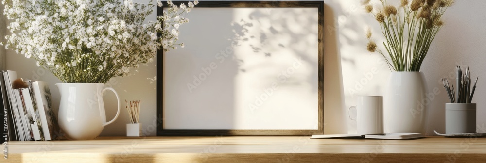 Poster bright workspace with fresh flowers and empty frame for customization. generative ai