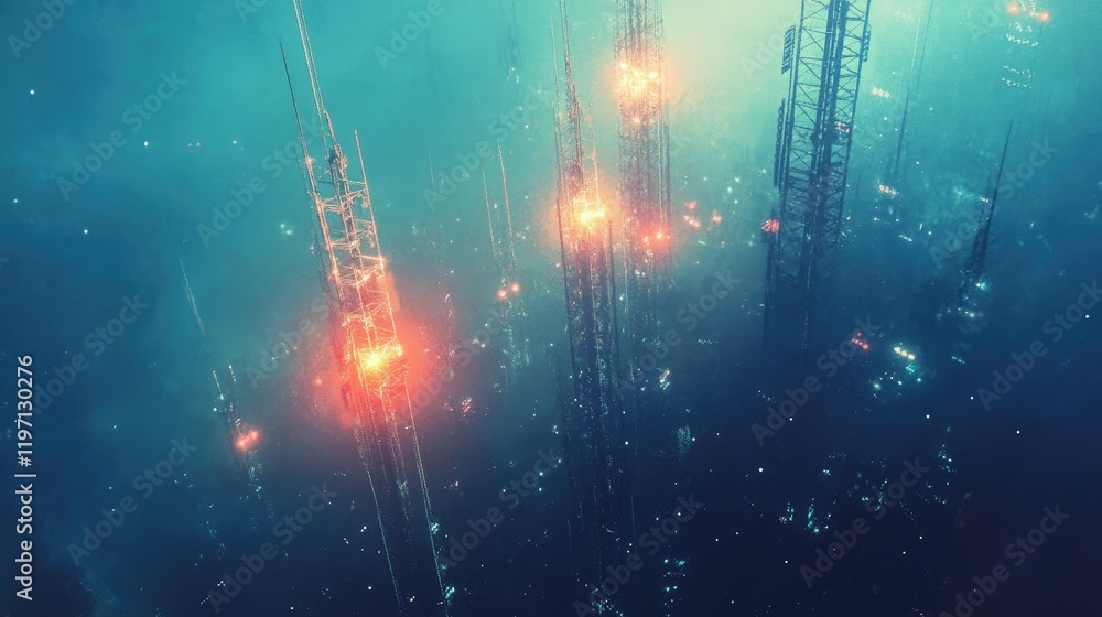 Poster a telephony network of cell towers radiating signals to maintain strong voice communication, symboli