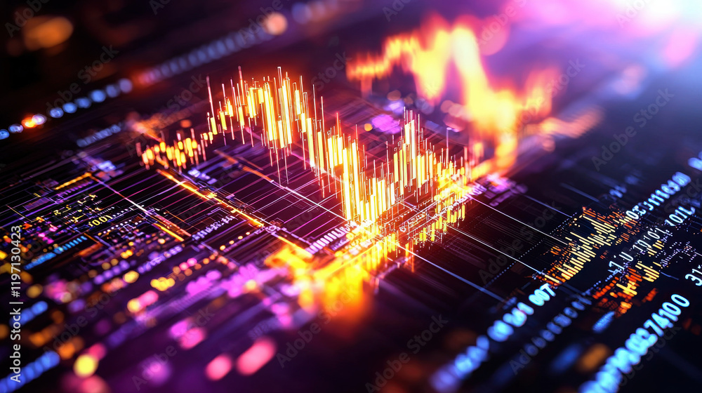 Poster dynamic bar graph representing market trends with vibrant colors and fluctuating lines, showcasing f