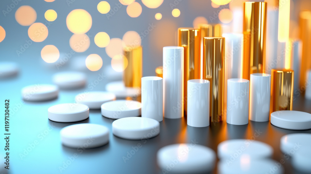 Aufkleber dynamic bar graph representation of market trends with golden and white cylinders. blurred backgroun