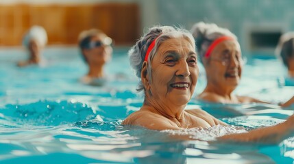 Fototapeta premium A group of older women are swimming in a pool