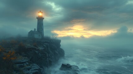 Fototapeta premium A lighthouse on a cliff, overlooking the ocean, stormy weather, maritime background