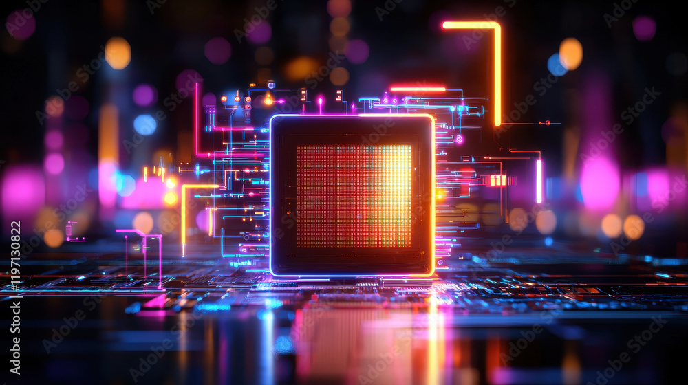 Poster vibrant conceptual tech hub featuring central processor chip surrounded by colorful circuits and glowing lights, symbolizing advanced technology and innovation
