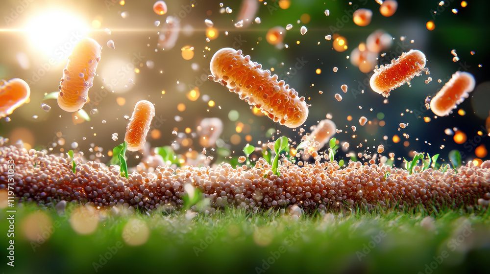 Aufkleber vibrant visualization of nanotechnology in biotechnology, showcasing microscopic organisms and parti