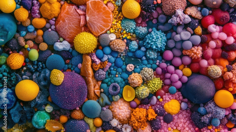 Poster a vibrant array of bacteria and microorganisms, showcasing the vital role of skin microbiome diversi