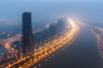 Fototapeta premium Cityscape Aerial Night Illustration