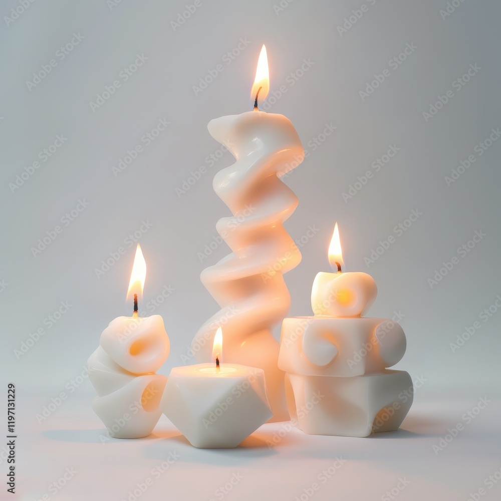 Poster unique white candles in different shapes with elegant flames on a light background creating a warm a