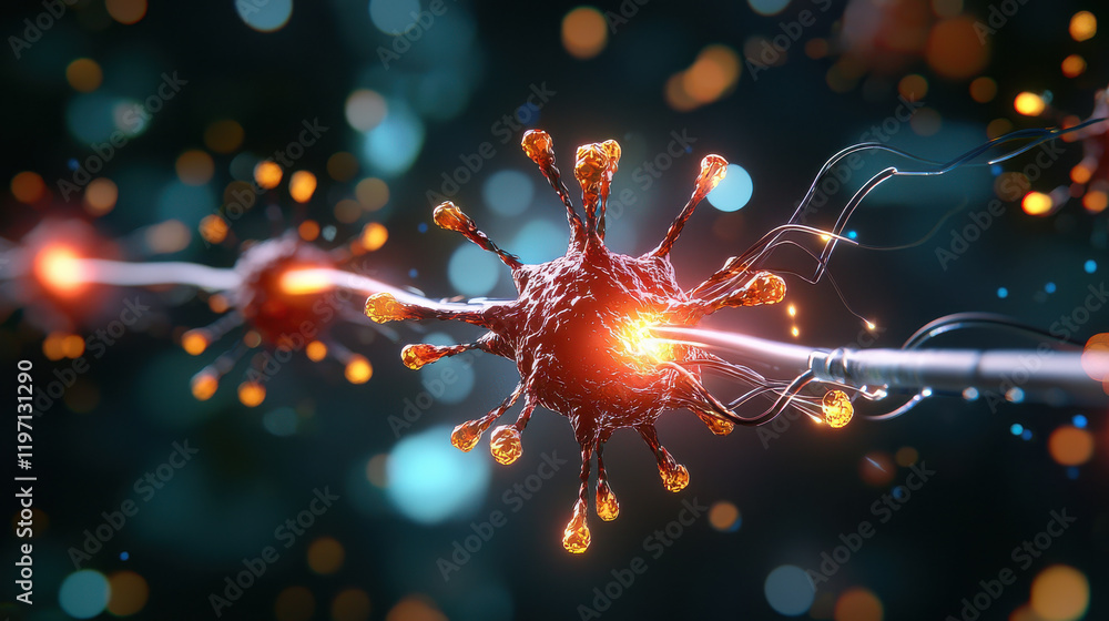 Poster conceptual visualization of nanotechnology in biotechnology, showcasing intricate details of nanostr