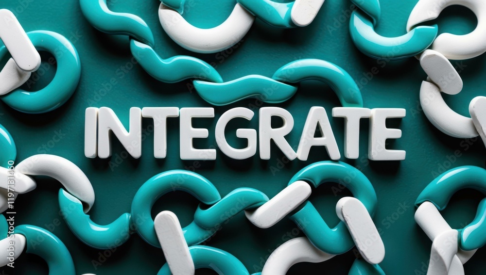 Aufkleber integrate text title in center and link, bond, connect, unify, combine, merge in vibrant teal, white