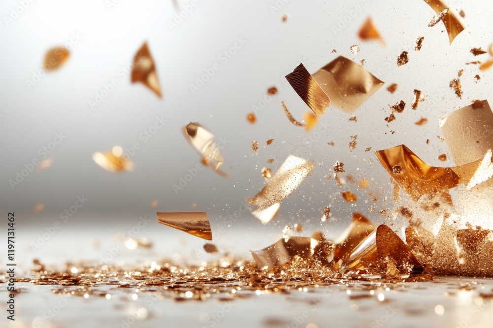 Poster shattered metallic fragments scatter across a smooth surface creating a dynamic display of motion an