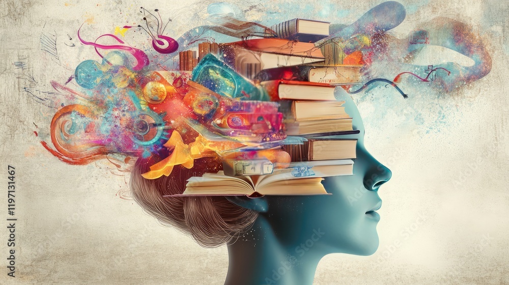 Poster a visual concept of the human mind, filled with books and symbols of creativity, highlighting cognit