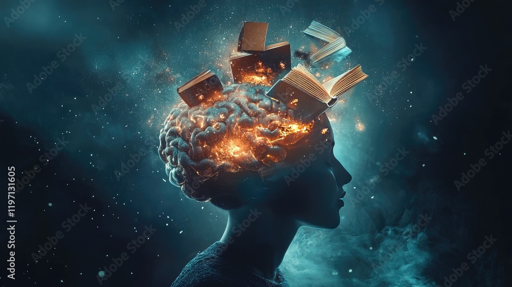 Poster a visual concept of the human mind, filled with books and symbols of creativity, highlighting cognit