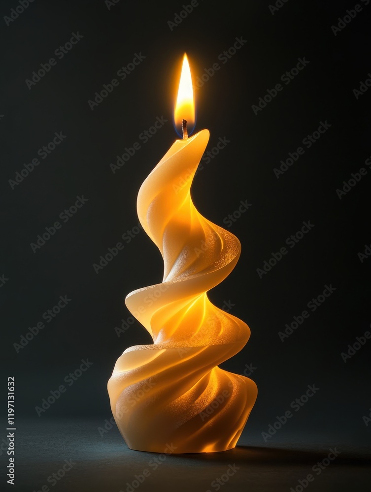 Poster twisting candle with flame casting warm light in dark setting, creating a calming atmosphere for rel
