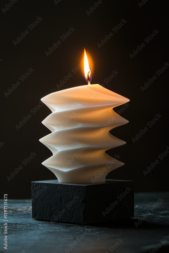 Poster candle with a unique geometric design emits a warm glow in a dim setting, creating a tranquil atmosp