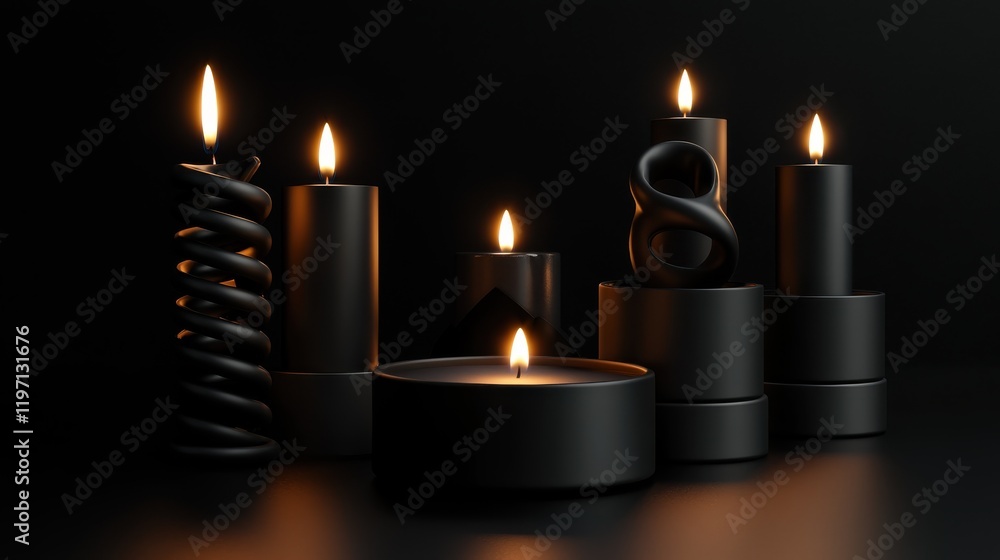 Poster various black candles with flames flickering in a dark setting create a warm and inviting atmosphere