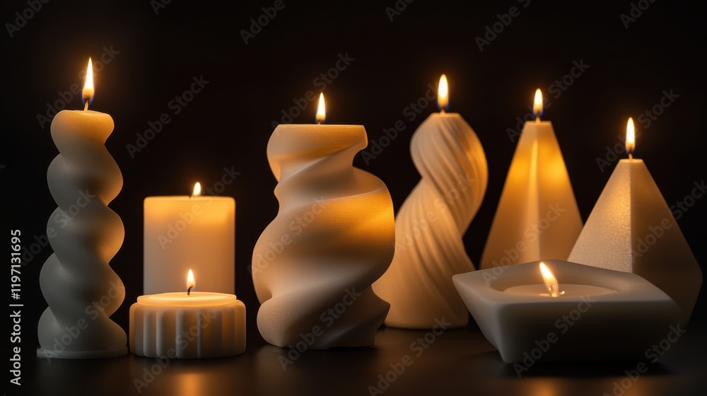 Poster decorative candles in various shapes and sizes illuminated against a dark background creating a warm