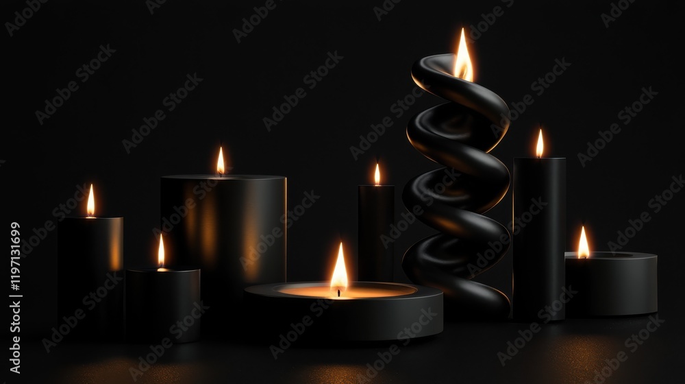 Poster elegant arrangement of black candles with soft flames illuminating a dark background, creating a tra
