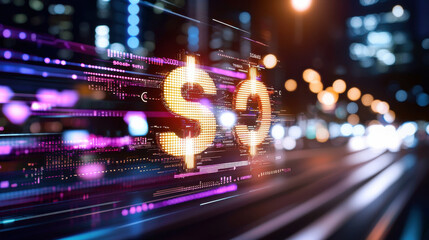 vibrant digital representation of financial strategy featuring glowing dollar signs, symbolizing economic growth and investment opportunities in modern cityscape