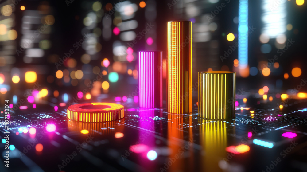 Aufkleber vibrant visualization of market analysis concepts featuring glowing bar graphs and pie charts. colorful data representation creates engaging atmosphere for financial insights