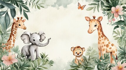 Watercolor safari animal frame for creative backgrounds, vibrant and fun. 
