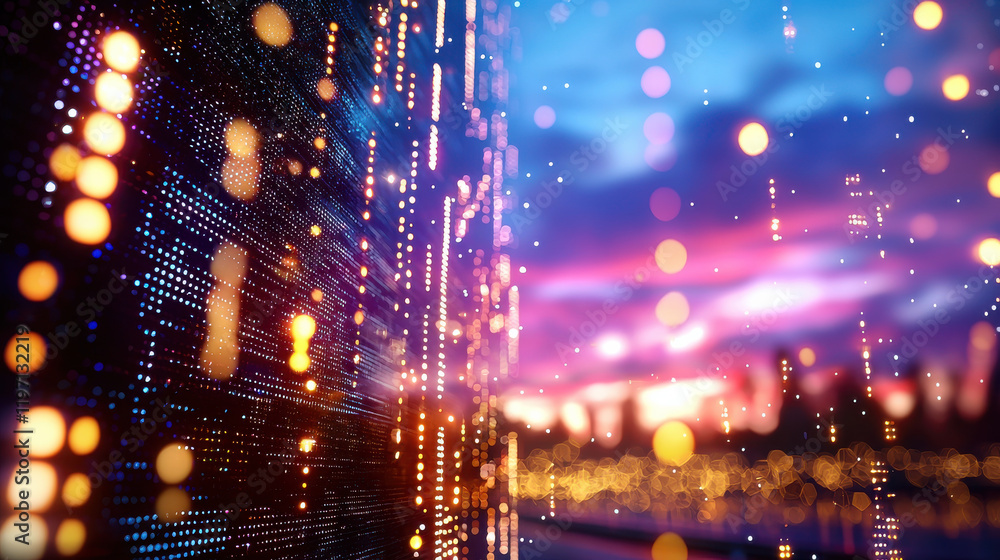 Poster vibrant digital landscape showcasing energy data visualization with colorful lights and beautiful su