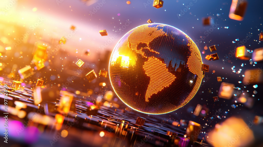 Leinwandbilder creative visualization of global financial dynamics, featuring glowing globe surrounded by floating 