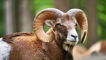 Close-up portrait of ram with natural background. Male sheep. Wild or farm animal.
