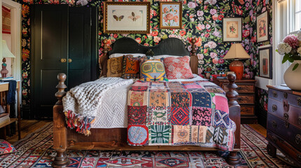 A cozy eclectic bedroom with a patchwork quilt on the bed, bold floral wallpaper, mismatched bedside tables, and a colorful vintage rug grounding the space.