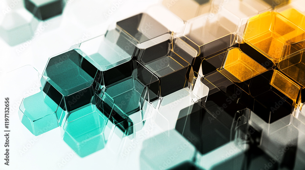 Poster abstract hexagonal pattern in teal, gold, and black with a 3d effect
