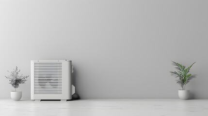 A white air conditioner is on the floor next to a wall