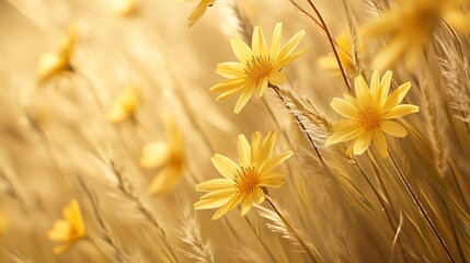 Golden wildflowers in meadow, sunset light, nature, background
