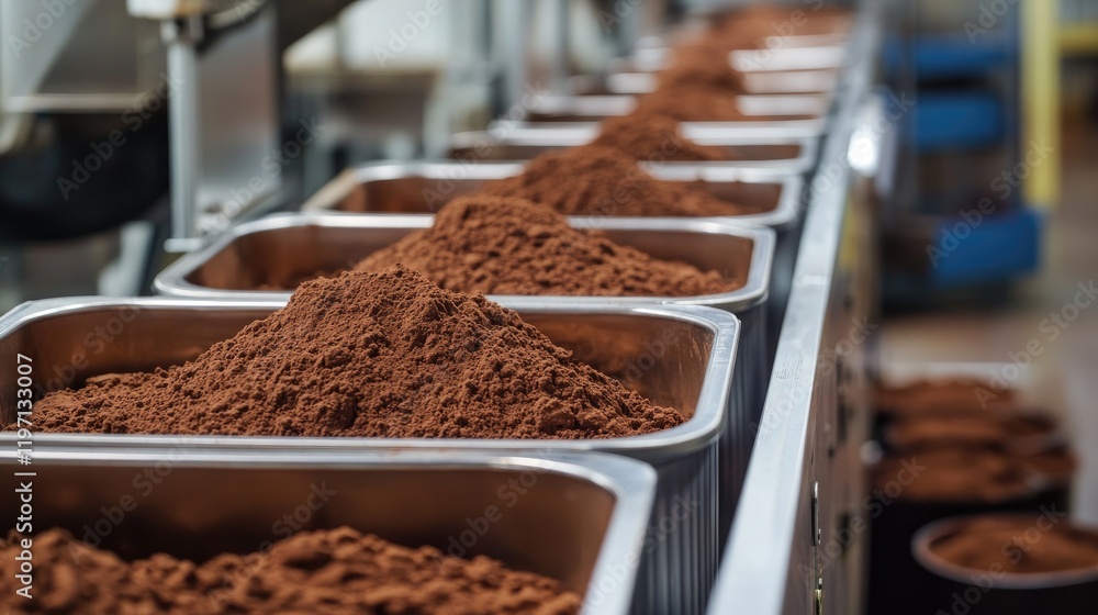 Aufkleber An industrial production line with containers of cocoa powder in a factory, showcasing the automated processes involved in the production of cocoa products