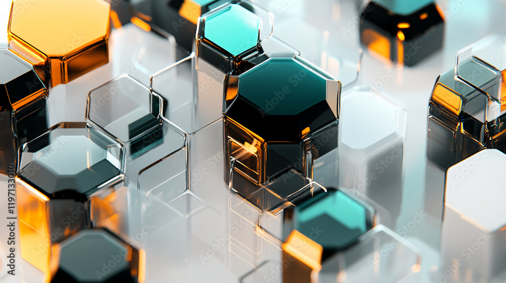 Poster abstract 3d hexagonal pattern in teal and gold with transparency effects