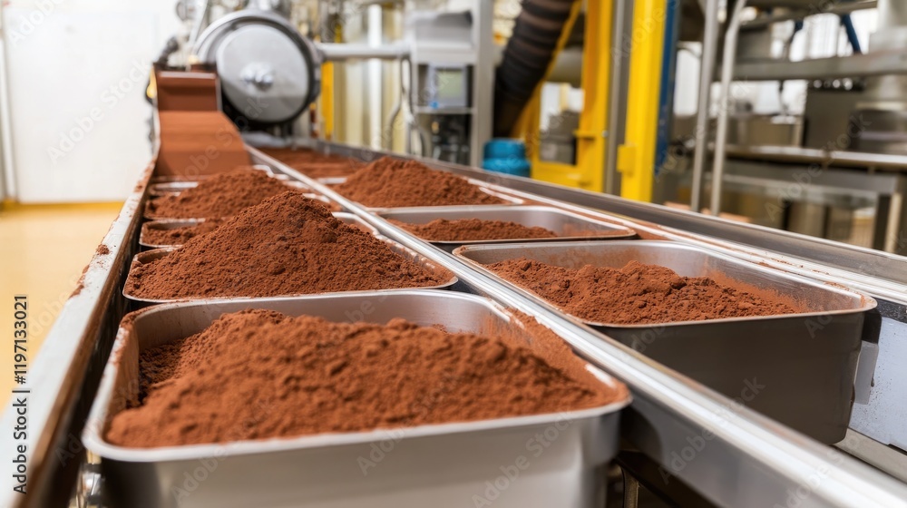 Poster An industrial production line with containers of cocoa powder in a factory, showcasing the automated processes involved in the production of cocoa products
