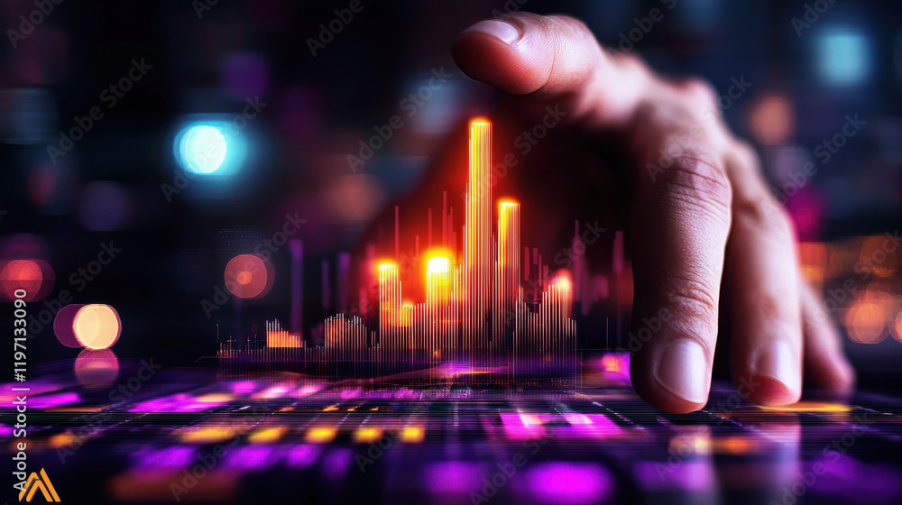 Poster hand reaching towards vibrant digital financial graph, symbolizing investment and technology. colorf