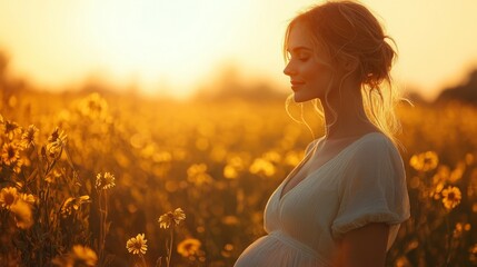 A pregnant woman walking peacefully in a field, enjoying nature, tranquility, soft lighting, open space, natural setting
