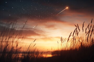 Fototapeta premium Vibrant sunset with a shooting star over a tranquil landscape and tall grass
