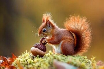 Fototapeta premium Red squirrel holds acorn, sitting on mossy ground.