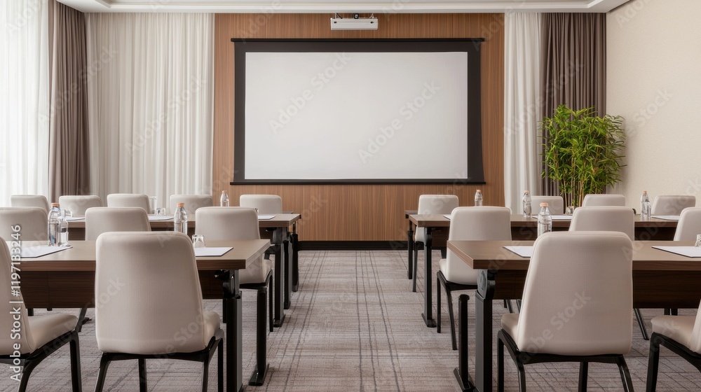 Poster modern conference room setup with projector and blank screen, ready for business presentations