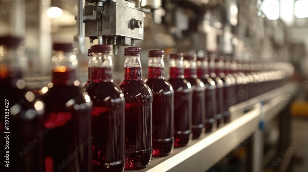 Poster bottles moving through a beverage filling machine in a bottling plant, showcasing the efficient prod