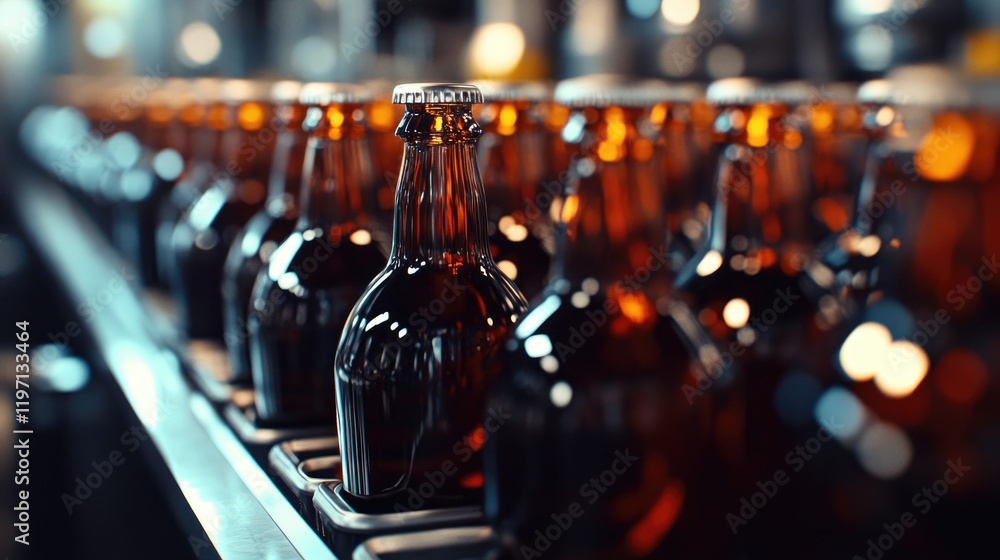 Poster Bottles moving through a beverage filling machine in a bottling plant, showcasing the efficient production line in the beverage industry and food processing