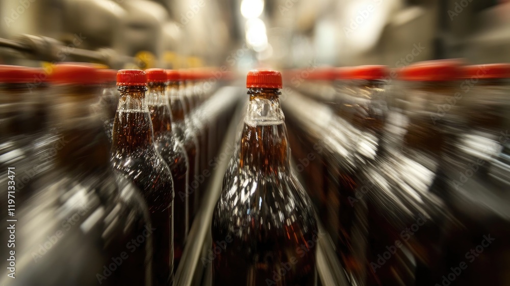 Poster bottles moving through a beverage filling machine in a bottling plant, showcasing the efficient prod