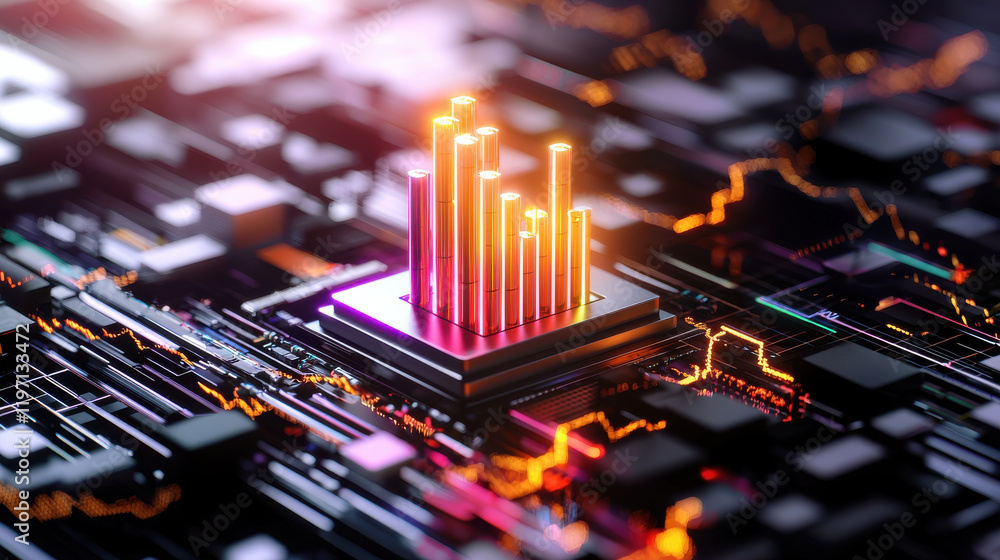 Poster Abstract representation of financial growth with glowing bars on circuit board, symbolizing technology and investment trends in digital world