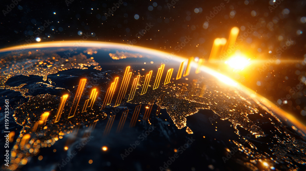Aufkleber detailed cinematic view of global trade analytics showcasing illuminated cities and data visualizati