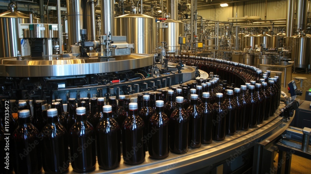 Poster bottles traveling through a beverage filling machine in a bottling plant, symbolizing the precision 