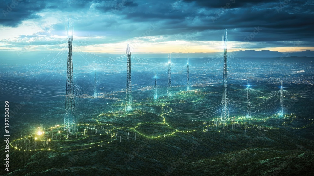 Poster Cell tower network extending across a remote landscape, with waves of signals radiating from each tower, showcasing the vast reach of mobile connectivity