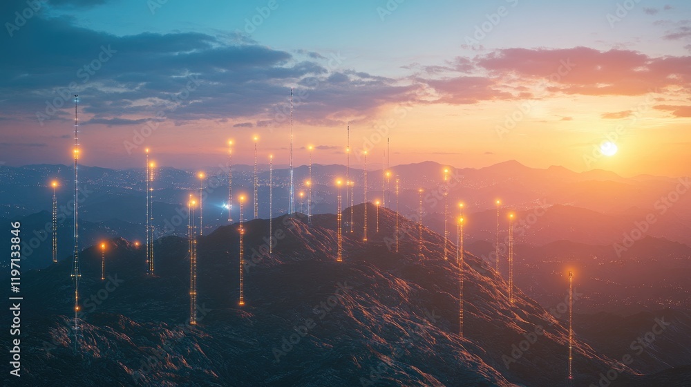 Poster Cell tower network extending across a remote landscape, with waves of signals radiating from each tower, showcasing the vast reach of mobile connectivity