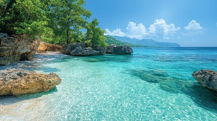 A secluded cove with crystal clear water, surrounded by lush vegetation, peaceful ocean backdrop